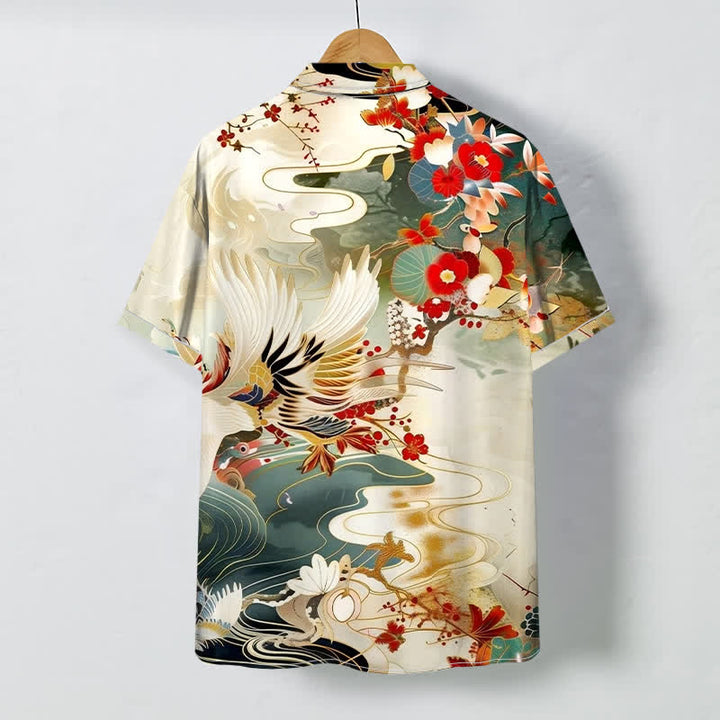 Buddha Stones Camicia da uomo a maniche corte traspirante con bottoni e motivo floreale a onde di gru. - image 1