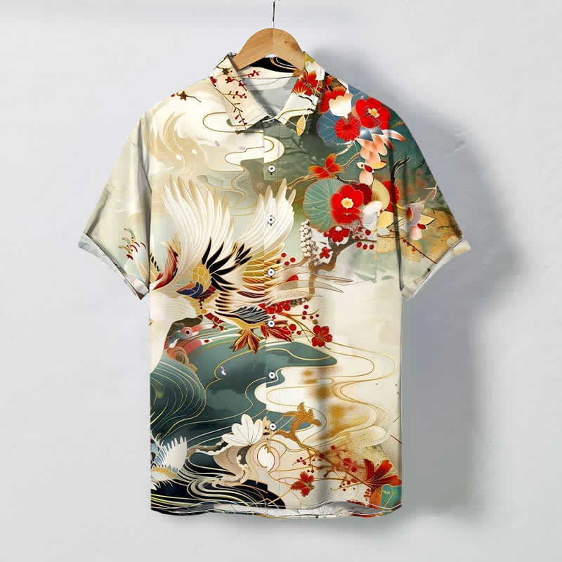 Buddha Stones Camicia da uomo a maniche corte traspirante con bottoni e motivo floreale a onde di gru. - Biancheria - US/UK/AU48, EU58 (4XL) - image 0