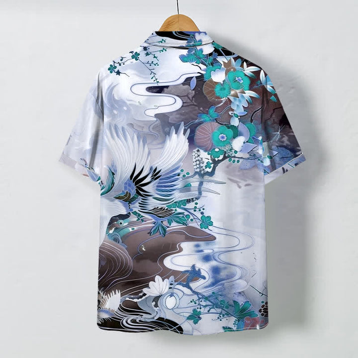 Buddha Stones Camicia da uomo a maniche corte traspirante con bottoni e motivo floreale a onde di gru. - image 4