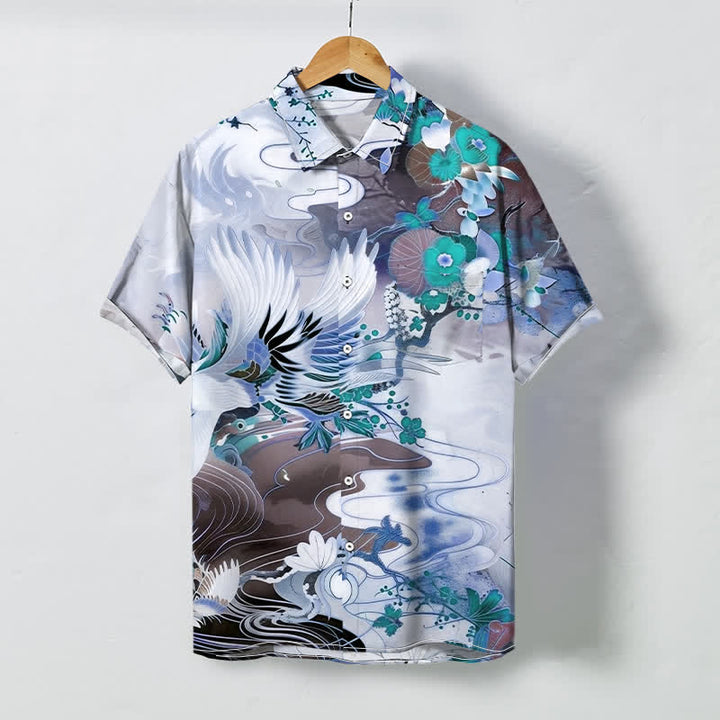 Buddha Stones Camicia da uomo a maniche corte traspirante con bottoni e motivo floreale a onde di gru. - Azzurro chiaro - US/UK/AU48, EU58 (4XL) - image 3