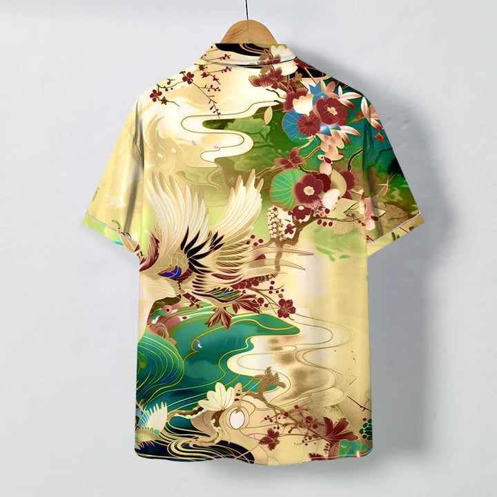 Buddha Stones Camicia da uomo a maniche corte traspirante con bottoni e motivo floreale a onde di gru. - image 7