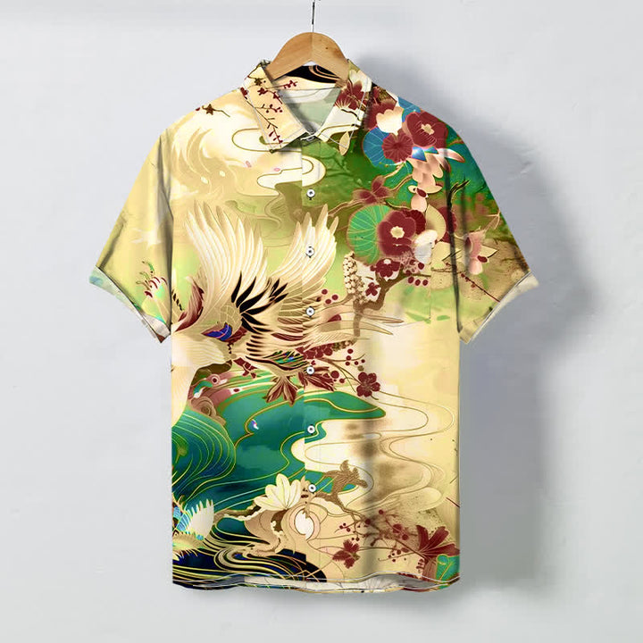 Buddha Stones Camicia da uomo a maniche corte traspirante con bottoni e motivo floreale a onde di gru. - Seta di mais - US/UK/AU48, EU58 (4XL) - image 6