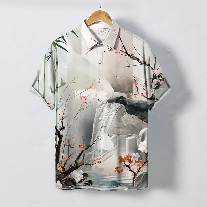 Buddha Stones Camicia da uomo a maniche corte con bottoni a contrasto, motivo paesaggio con gru e fiori, resistente alle pieghe. - WhiteSmoke - US/UK/AU48, EU58 (4XL) - image 0