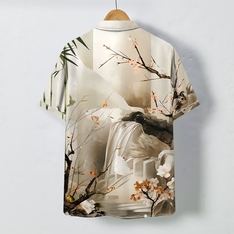 Buddha Stones Camicia da uomo a maniche corte con bottoni a contrasto, motivo paesaggio con gru e fiori, resistente alle pieghe. - image 4