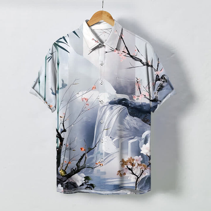 Buddha Stones Camicia da uomo a maniche corte con bottoni a contrasto, motivo paesaggio con gru e fiori, resistente alle pieghe. - AliceBlue - US/UK/AU48, EU58 (4XL) - image 6