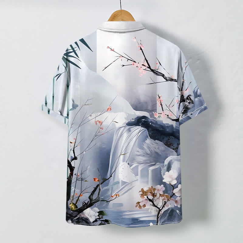 Buddha Stones Camicia da uomo a maniche corte con bottoni a contrasto, motivo paesaggio con gru e fiori, resistente alle pieghe. - image 7