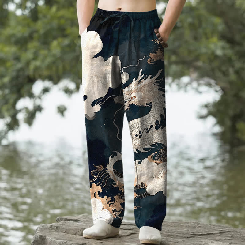 Buddha Stones Pantaloni da uomo affusolati in cotone con motivo drago e nuvole, con tasche. - Verde acqua - US/UK/AU50, EU60 (5XL) - image 0