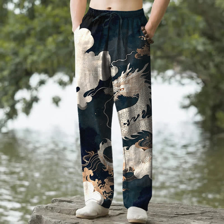 Buddha Stones Pantaloni da uomo affusolati in cotone con motivo drago e nuvole, con tasche. - Verde acqua - US/UK/AU50, EU60 (5XL) - image 0