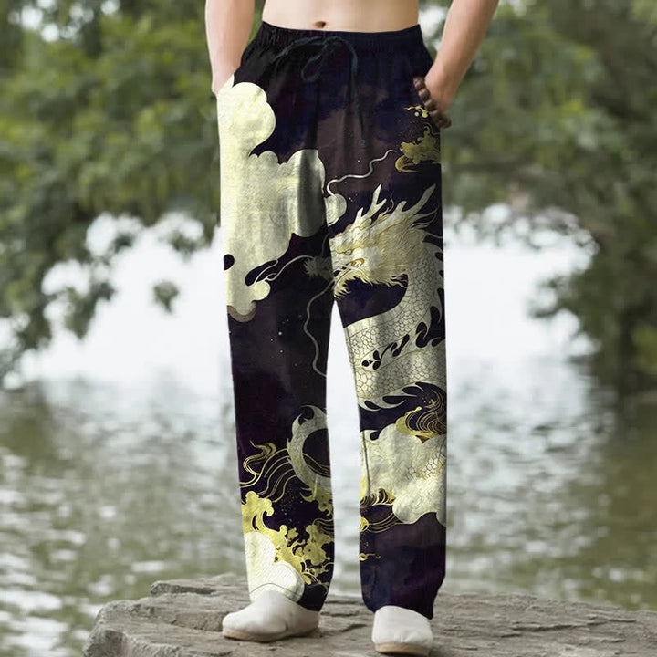 Buddha Stones Pantaloni da uomo affusolati in cotone con motivo drago e nuvole, con tasche. - Nero - US/UK/AU50, EU60 (5XL) - image 6