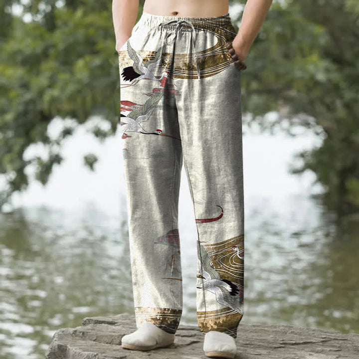 Buddha Stones Pantaloni da uomo affusolati in cotone bianco con motivo a onde e stampa gru, con tasche. - Beige - US/UK/AU50, EU60 (5XL) - image 0