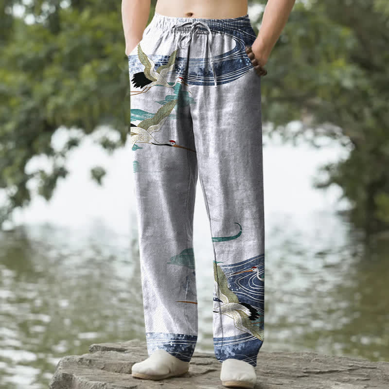 Buddha Stones Pantaloni da uomo affusolati in cotone bianco con motivo a onde e stampa gru, con tasche. - AliceBlue - US/UK/AU50, EU60 (5XL) - image 4