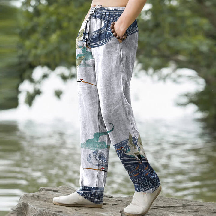 Buddha Stones Pantaloni da uomo affusolati in cotone bianco con motivo a onde e stampa gru, con tasche. - Crema alla menta - US/UK/AU50, EU60 (5XL) - image 5
