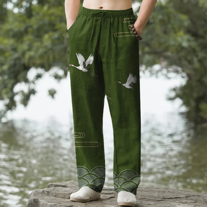 Buddha Stones Pantaloni da uomo affusolati in cotone bianco con motivo a onde e stampa gru, con tasche. - Verde oliva - US/UK/AU50, EU60 (5XL) - image 4