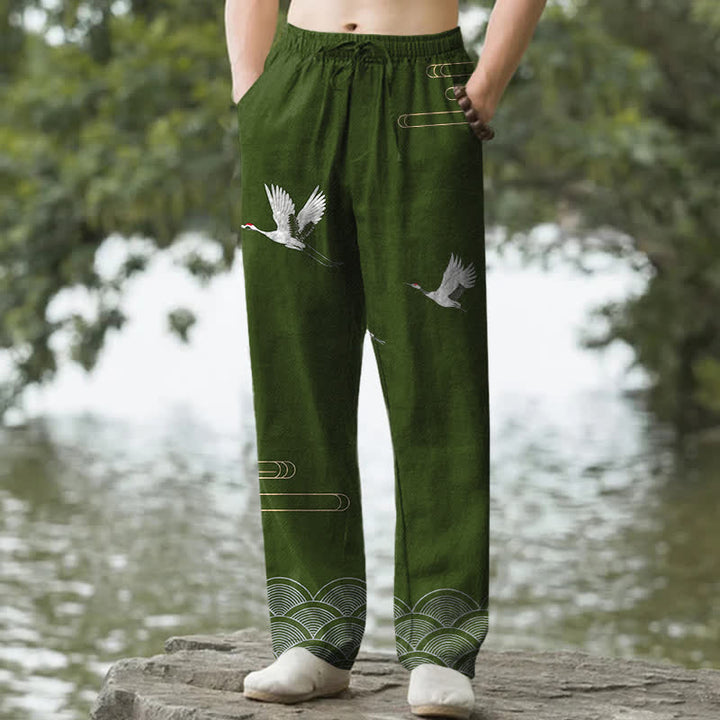 Buddha Stones Pantaloni da uomo affusolati in cotone bianco con motivo a onde e stampa gru, con tasche. - Verde oliva - US/UK/AU50, EU60 (5XL) - image 4