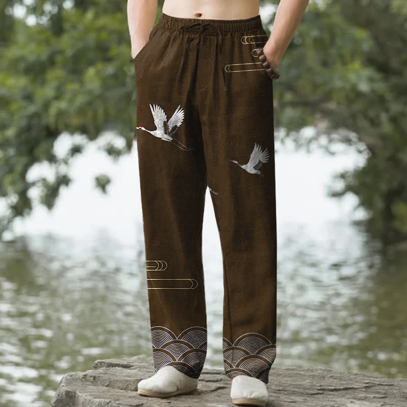Buddha Stones Pantaloni da uomo affusolati in cotone bianco con motivo a onde e stampa gru, con tasche. - Marrone sella - US/UK/AU50, EU60 (5XL) - image 6