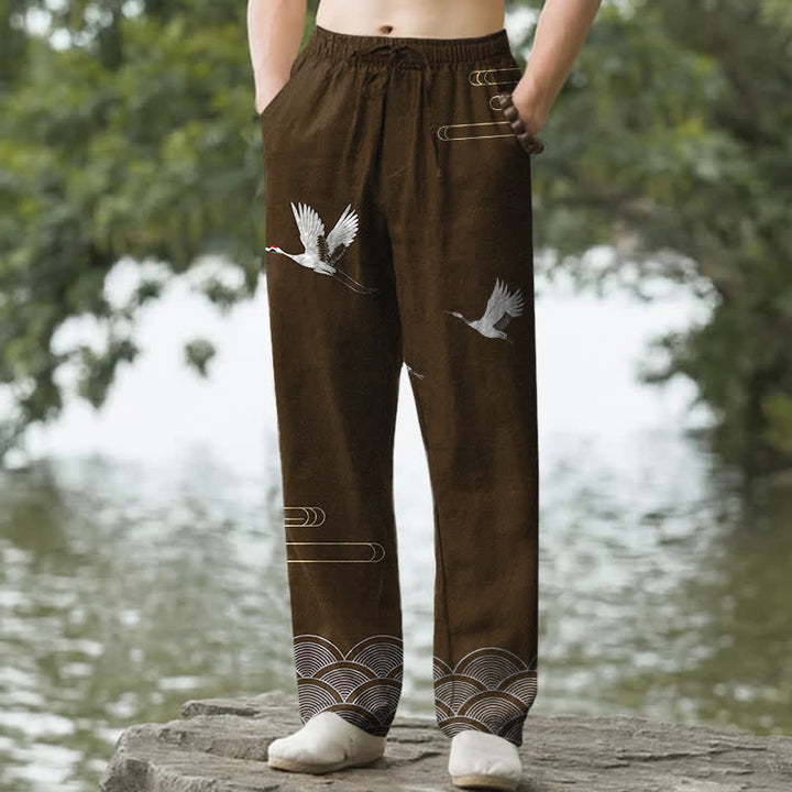 Buddha Stones Pantaloni da uomo affusolati in cotone bianco con motivo a onde e stampa gru, con tasche. - Marrone sella - US/UK/AU50, EU60 (5XL) - image 6