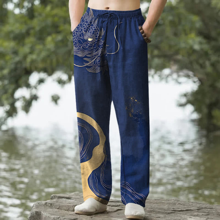 Buddha Stones Pantaloni da uomo affusolati in cotone con motivo a onde di drago dorato e tasche. - Marina - US/UK/AU50, EU60 (5XL) - image 4
