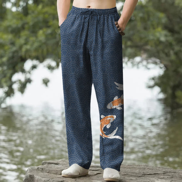 Buddha Stones Pantaloni da uomo affusolati in cotone con stampa a onde di carpe koi e tasche. - Marina - US/UK/AU50, EU60 (5XL) - image 0