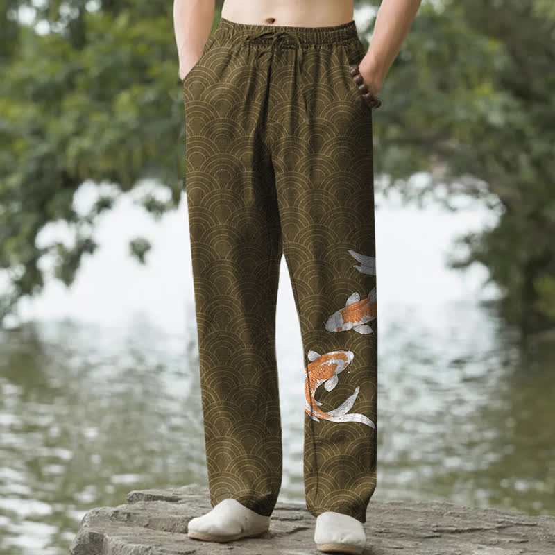 Buddha Stones Pantaloni da uomo affusolati in cotone con stampa a onde di carpe koi e tasche. - Oliva - US/UK/AU50, EU60 (5XL) - image 4