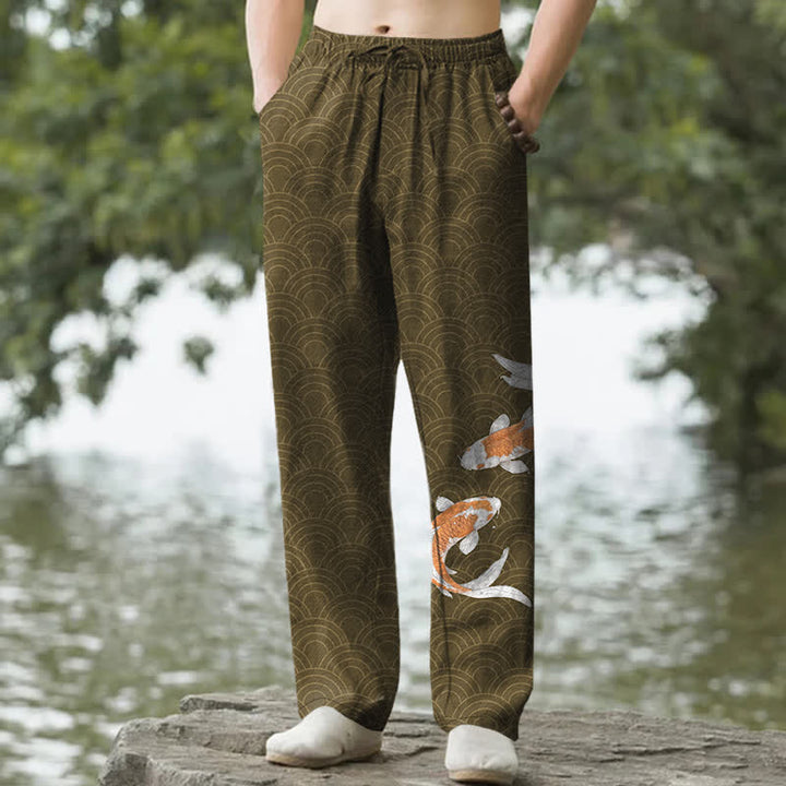 Buddha Stones Pantaloni da uomo affusolati in cotone con stampa a onde di carpe koi e tasche. - Oliva - US/UK/AU50, EU60 (5XL) - image 4