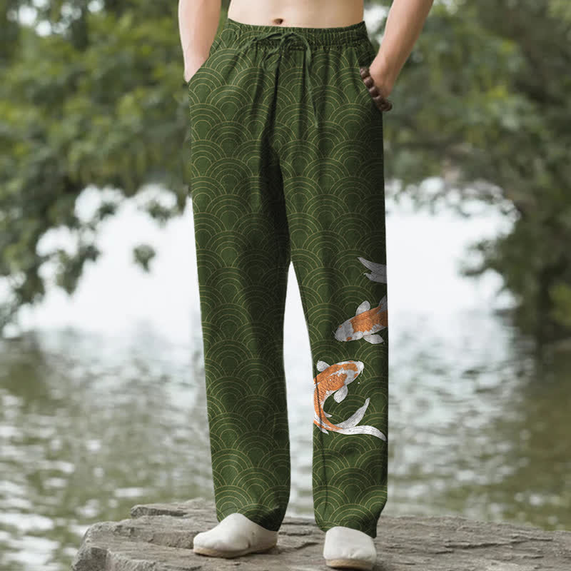 Buddha Stones Pantaloni da uomo affusolati in cotone con stampa a onde di carpe koi e tasche. - Verde studentesco - US/UK/AU50, EU60 (5XL) - image 6