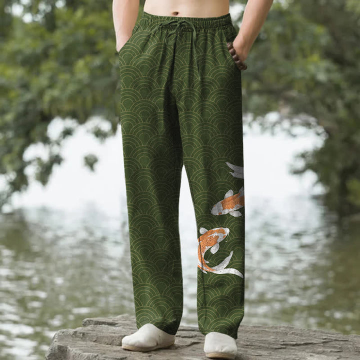 Buddha Stones Pantaloni da uomo affusolati in cotone con stampa a onde di carpe koi e tasche. - Verde studentesco - US/UK/AU50, EU60 (5XL) - image 6