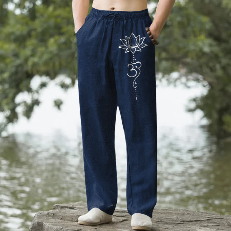 Buddha Stones Pantaloni da uomo affusolati in cotone con motivo loto Om e tasche. - Marina - US/UK/AU50, EU60 (5XL) - image 0