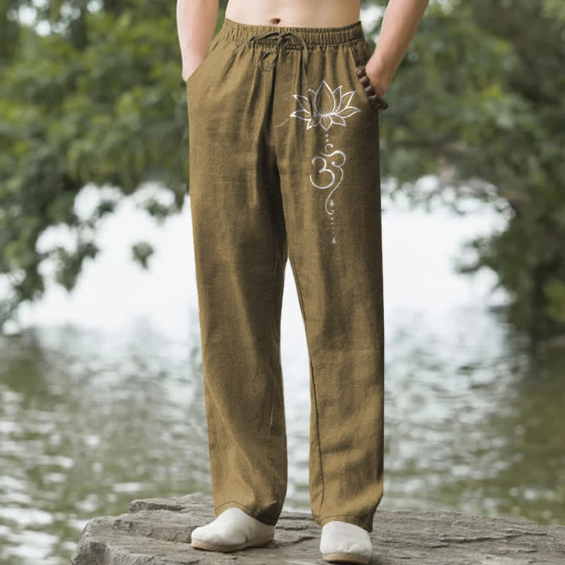 Buddha Stones Pantaloni da uomo affusolati in cotone con motivo loto Om e tasche. - Verga d'oro scura - US/UK/AU50, EU60 (5XL) - image 6