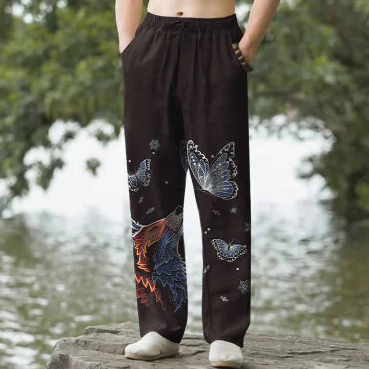 Buddha Stones Pantaloni da uomo affusolati in cotone con stampa a farfalle e volpi, con tasche. - Marrone - US/UK/AU50, EU60 (5XL) - image 0