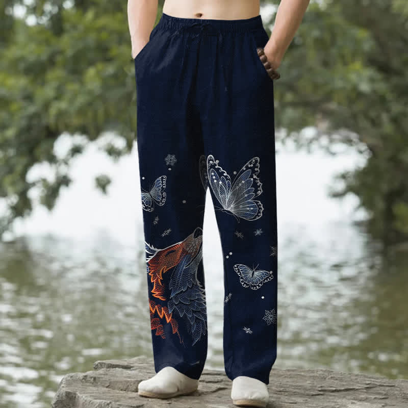 Buddha Stones Pantaloni da uomo affusolati in cotone con stampa a farfalle e volpi, con tasche. - Marina - US/UK/AU50, EU60 (5XL) - image 4