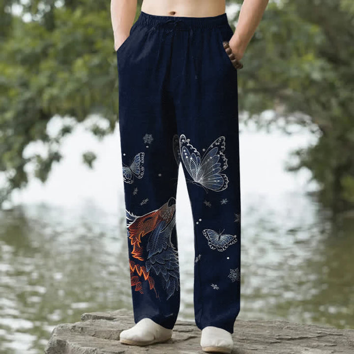 Buddha Stones Pantaloni da uomo affusolati in cotone con stampa a farfalle e volpi, con tasche. - Marina - US/UK/AU50, EU60 (5XL) - image 4