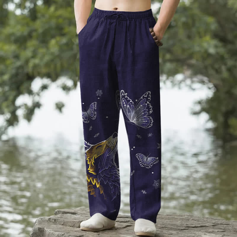 Buddha Stones Pantaloni da uomo affusolati in cotone con stampa a farfalle e volpi, con tasche. - Blu notte - US/UK/AU50, EU60 (5XL) - image 6