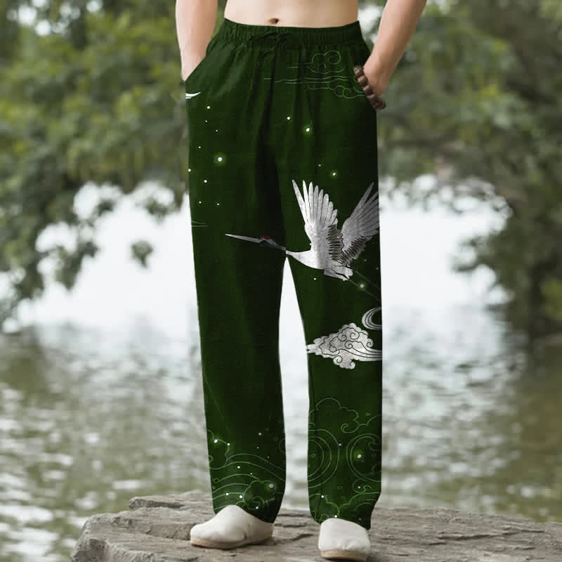 Buddha Stones Pantaloni da uomo affusolati con tasche, in cotone, con stampa gru bianca volante e onde bianche. - Verde scuro - US/UK/AU50, EU60 (5XL) - image 0