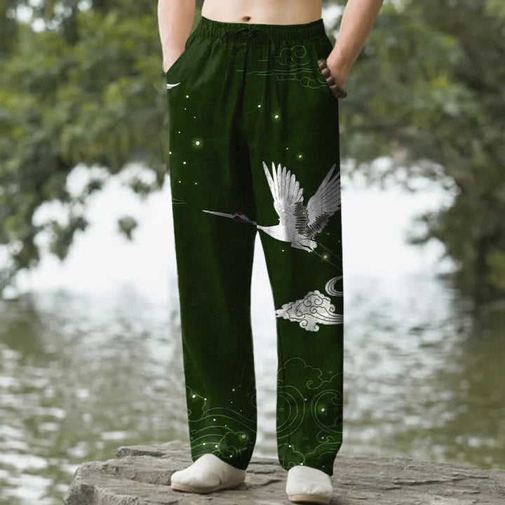 Buddha Stones Pantaloni da uomo affusolati con tasche, in cotone, con stampa gru bianca volante e onde bianche. - Verde scuro - US/UK/AU50, EU60 (5XL) - image 0