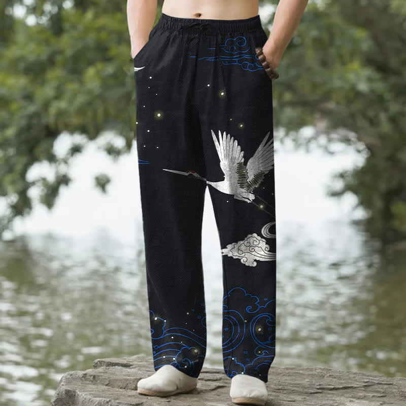 Buddha Stones Pantaloni da uomo affusolati con tasche, in cotone, con stampa gru bianca volante e onde bianche. - Nero - US/UK/AU50, EU60 (5XL) - image 4