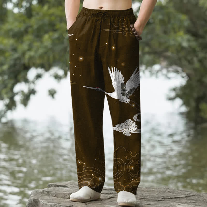 Buddha Stones Pantaloni da uomo affusolati con tasche, in cotone, con stampa gru bianca volante e onde bianche. - Marrone sella - US/UK/AU50, EU60 (5XL) - image 6