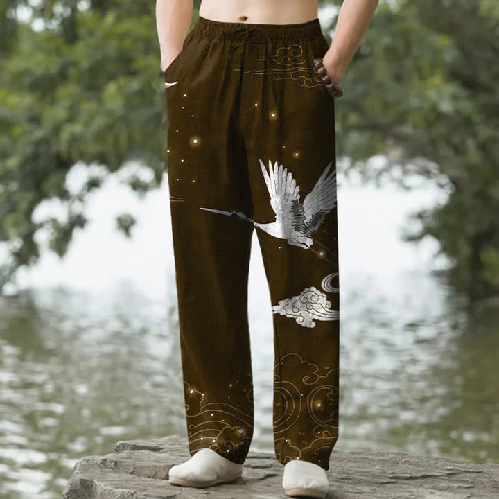Buddha Stones Pantaloni da uomo affusolati con tasche, in cotone, con stampa gru bianca volante e onde bianche. - Marrone sella - US/UK/AU50, EU60 (5XL) - image 6