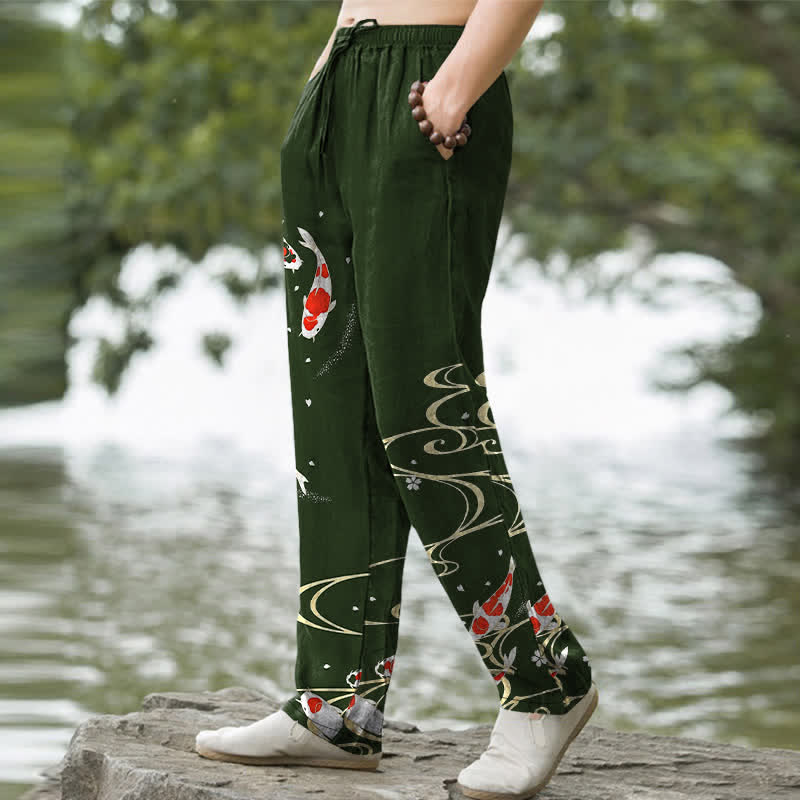 Buddha Stones Pantaloni da uomo affusolati in cotone rosso e bianco con motivo a onde d'acqua e pesci koi, con tasche. - image 1