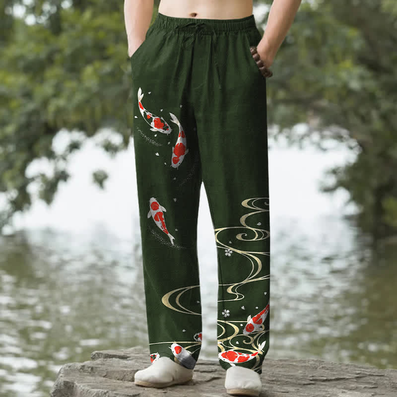 Buddha Stones Pantaloni da uomo affusolati in cotone rosso e bianco con motivo a onde d'acqua e pesci koi, con tasche. - Verde scuro - US/UK/AU50, EU60 (5XL) - image 0
