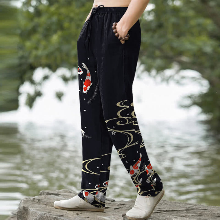 Buddha Stones Pantaloni da uomo affusolati in cotone rosso e bianco con motivo a onde d'acqua e pesci koi, con tasche. - image 5