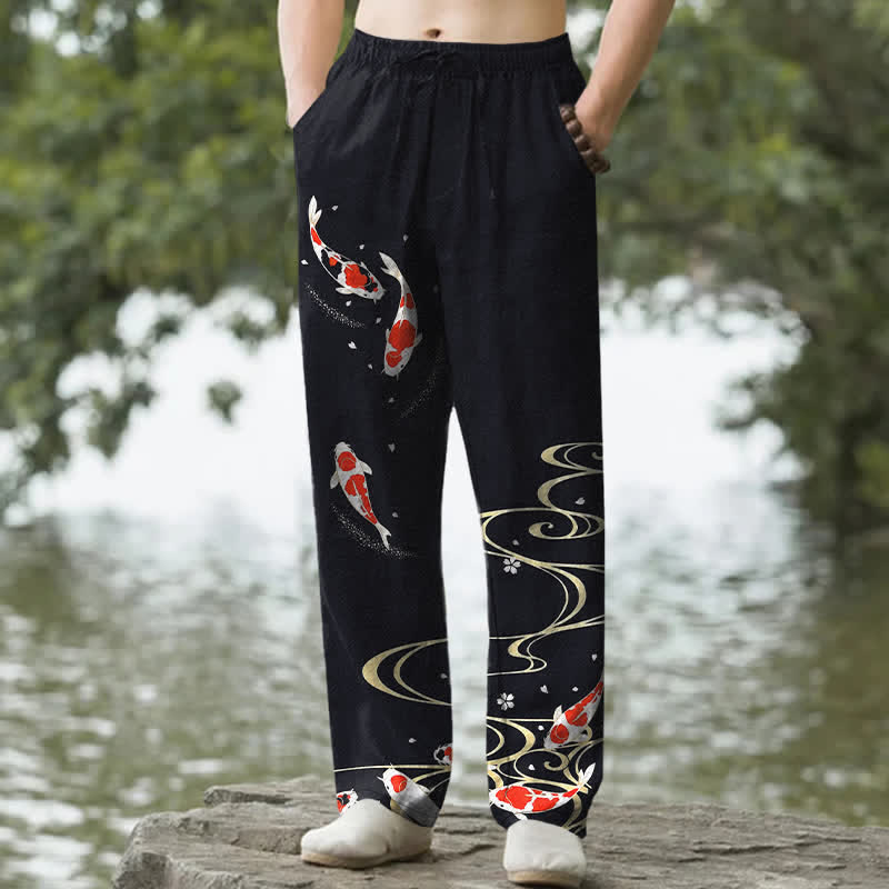 Buddha Stones Pantaloni da uomo affusolati in cotone rosso e bianco con motivo a onde d'acqua e pesci koi, con tasche. - Nero - US/UK/AU50, EU60 (5XL) - image 4