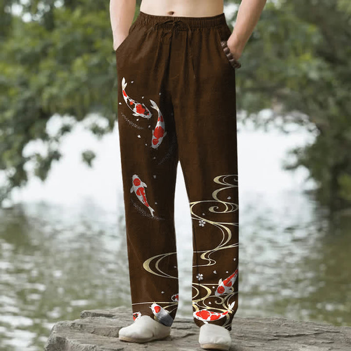 Buddha Stones Pantaloni da uomo affusolati in cotone rosso e bianco con motivo a onde d'acqua e pesci koi, con tasche. - Marrone sella - US/UK/AU50, EU60 (5XL) - image 6