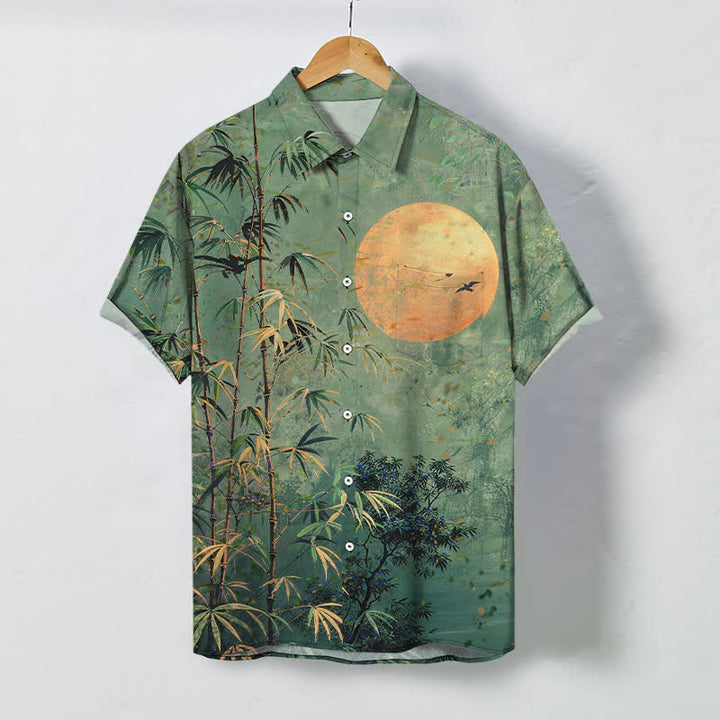 Buddha Stones Camicia da uomo a maniche corte traspirante con bottoni e motivo uccelli e luna in bambù. - Verde mare - US/UK/AU48, EU58 (4XL) - image 0