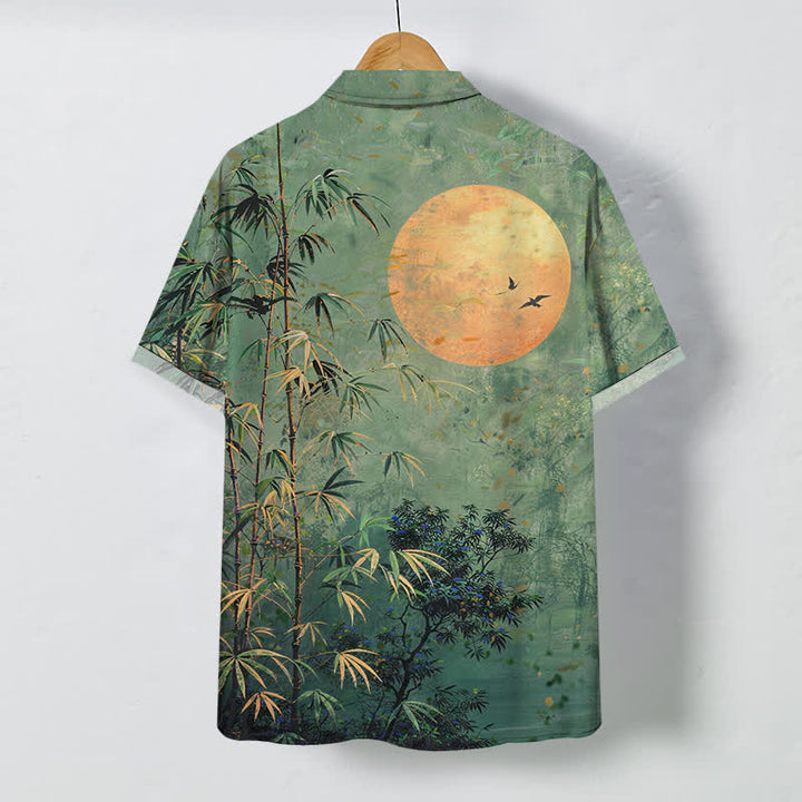 Buddha Stones Camicia da uomo a maniche corte traspirante con bottoni e motivo uccelli e luna in bambù. - image 1