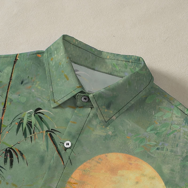 Buddha Stones Camicia da uomo a maniche corte traspirante con bottoni e motivo uccelli e luna in bambù. - image 2