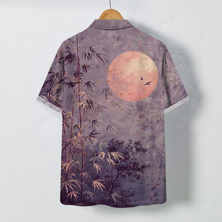 Buddha Stones Camicia da uomo a maniche corte traspirante con bottoni e motivo uccelli e luna in bambù. - image 6