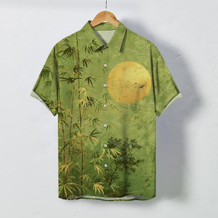 Buddha Stones Camicia da uomo a maniche corte traspirante con bottoni e motivo uccelli e luna in bambù. - Verde oliva - US/UK/AU48, EU58 (4XL) - image 7