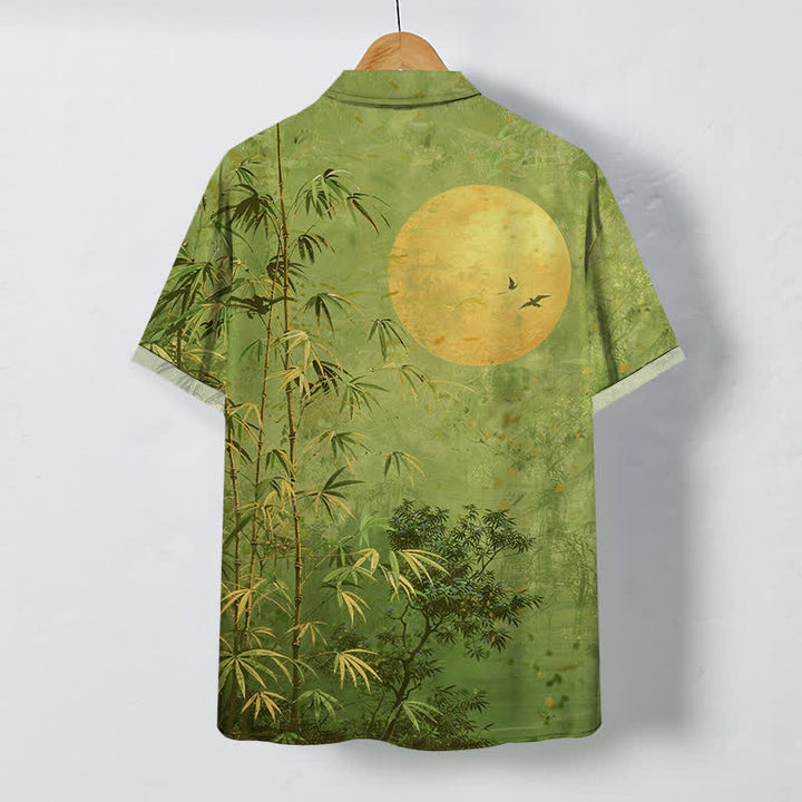 Buddha Stones Camicia da uomo a maniche corte traspirante con bottoni e motivo uccelli e luna in bambù. - image 8