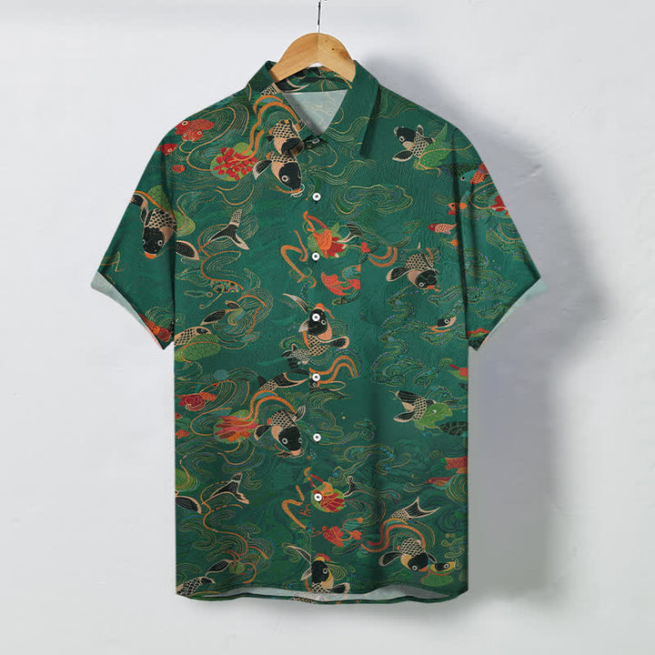 Buddha Stones Camicia da uomo a maniche corte traspirante con bottoni e motivo a onde e nuvole con pesci koi. - Verde mare - US/UK/AU48, EU58 (4XL) - image 0