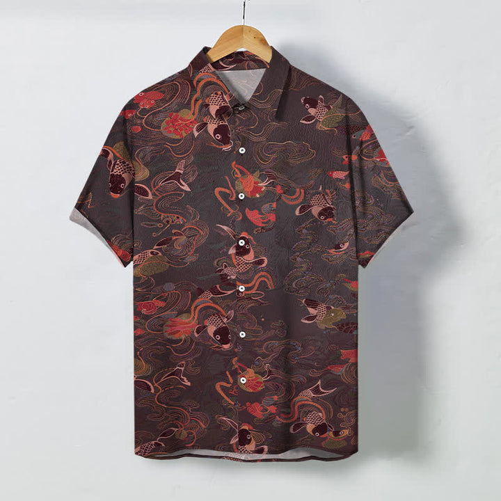 Buddha Stones Camicia da uomo a maniche corte traspirante con bottoni e motivo a onde e nuvole con pesci koi. - Marrone - US/UK/AU48, EU58 (4XL) - image 7